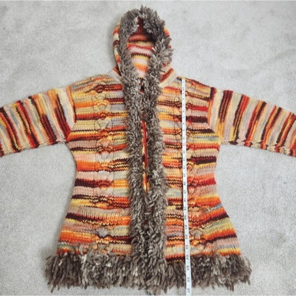 Penny Lane Handknit Wool Hooded Cardigan Jacket Fringe Trim Chunky Cabel Size M - Picture 9 of 13